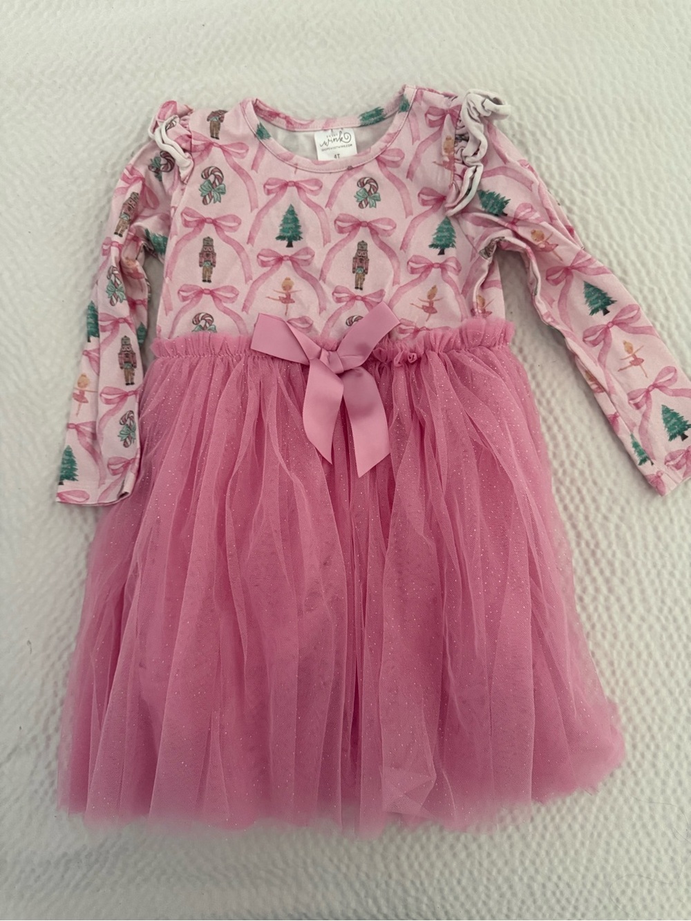 Girls Pink Tulle Bow Dress - Holiday Nutcracker Print